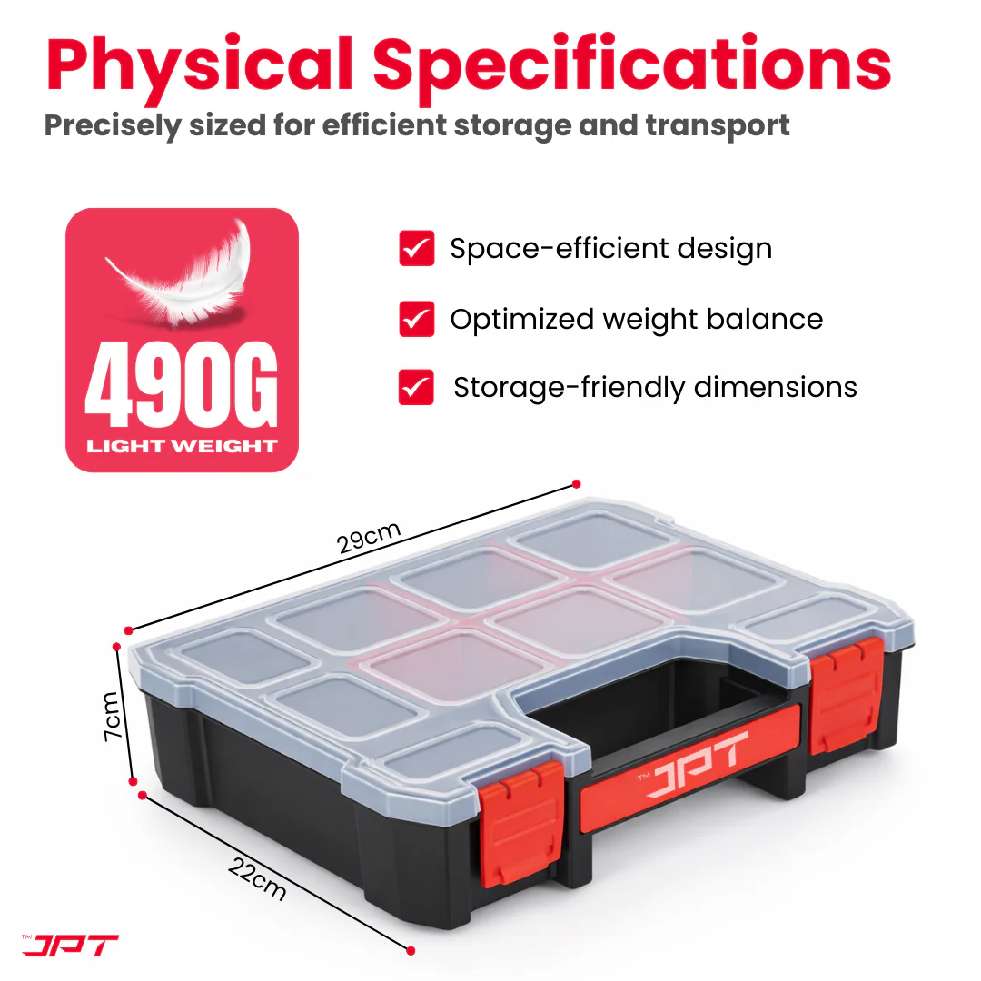 JPT Ultra Heavy Duty Tool Organizer Small | Stackable Interlocking Storage Box with 10 Compartments & 6 Removable Dividers | Portable Multi-Purpose Parts Organizer for Home & Professional Use - Image 8