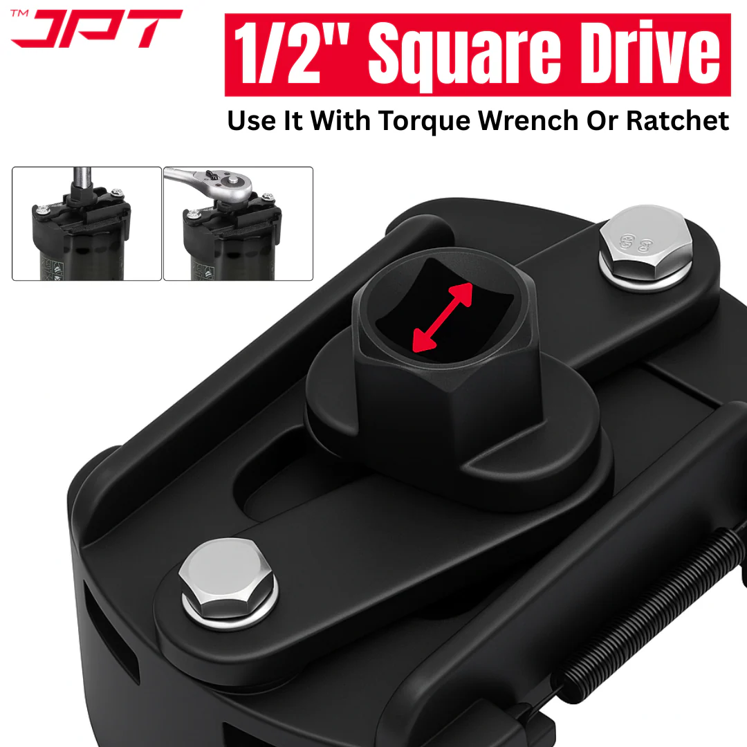 JPT Heavy-Duty Universal Adjustable Oil Filter Remover | 90-125mm Removal and Installation | Two Non Slip Serrated Jaws | 1/2" Drive Oil Filter Wrench for Easy Filter Removal - Image 2